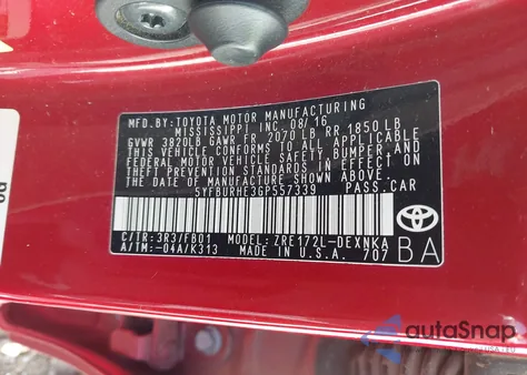 2016 Toyota Corolla Le из США, поврежденный, VIN 5YFBURHE3GP557339